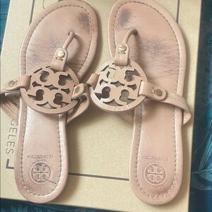 Tory Burch Pink-Beige Leather Miller Thong Sandals